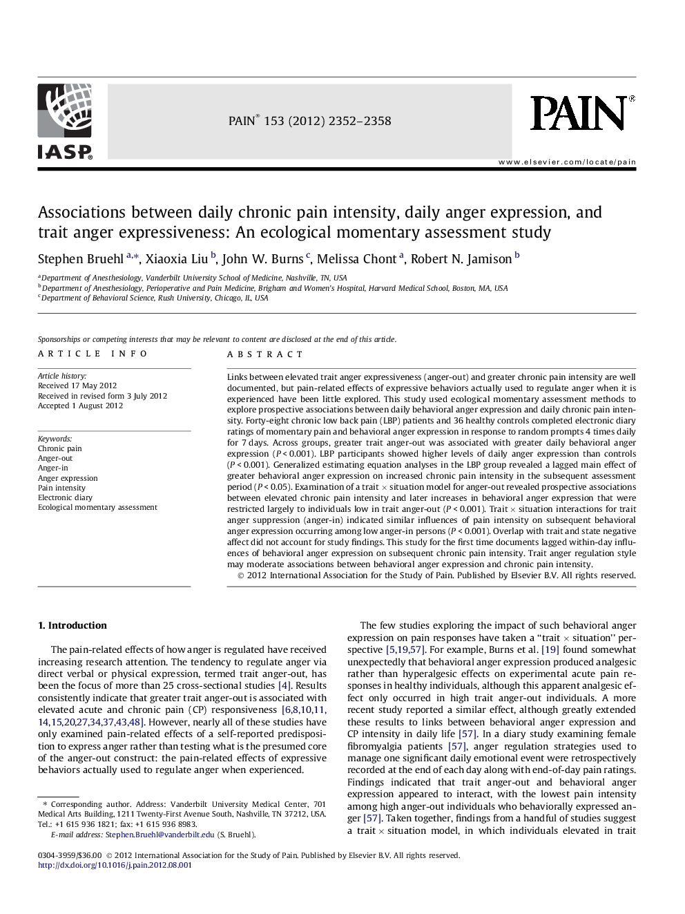 Associations between daily chronic pain intensity, daily anger expression, and trait anger expressiveness: An ecological momentary assessment study