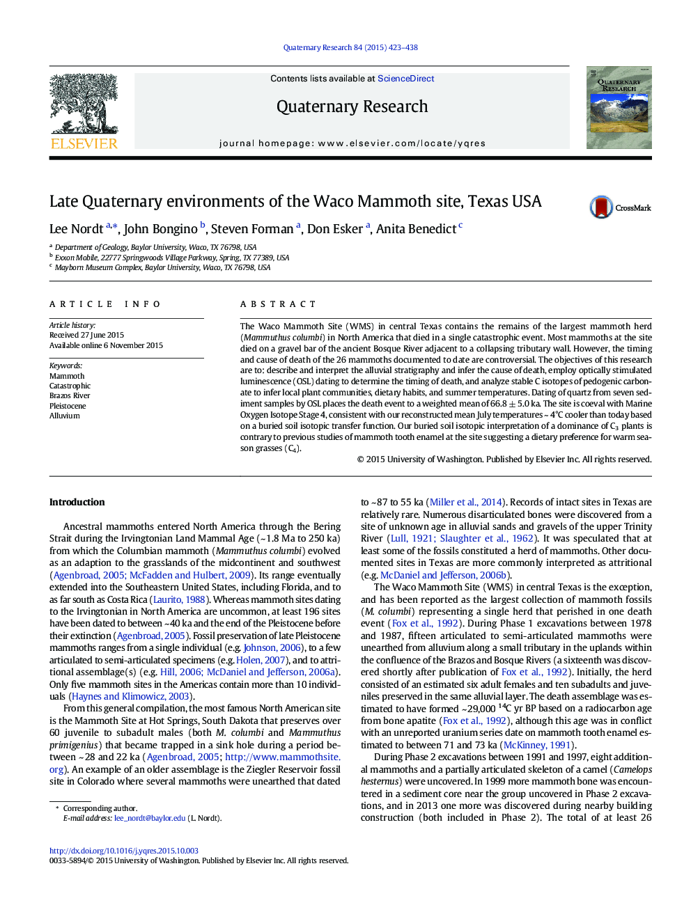 Late Quaternary environments of the Waco Mammoth site, Texas USA