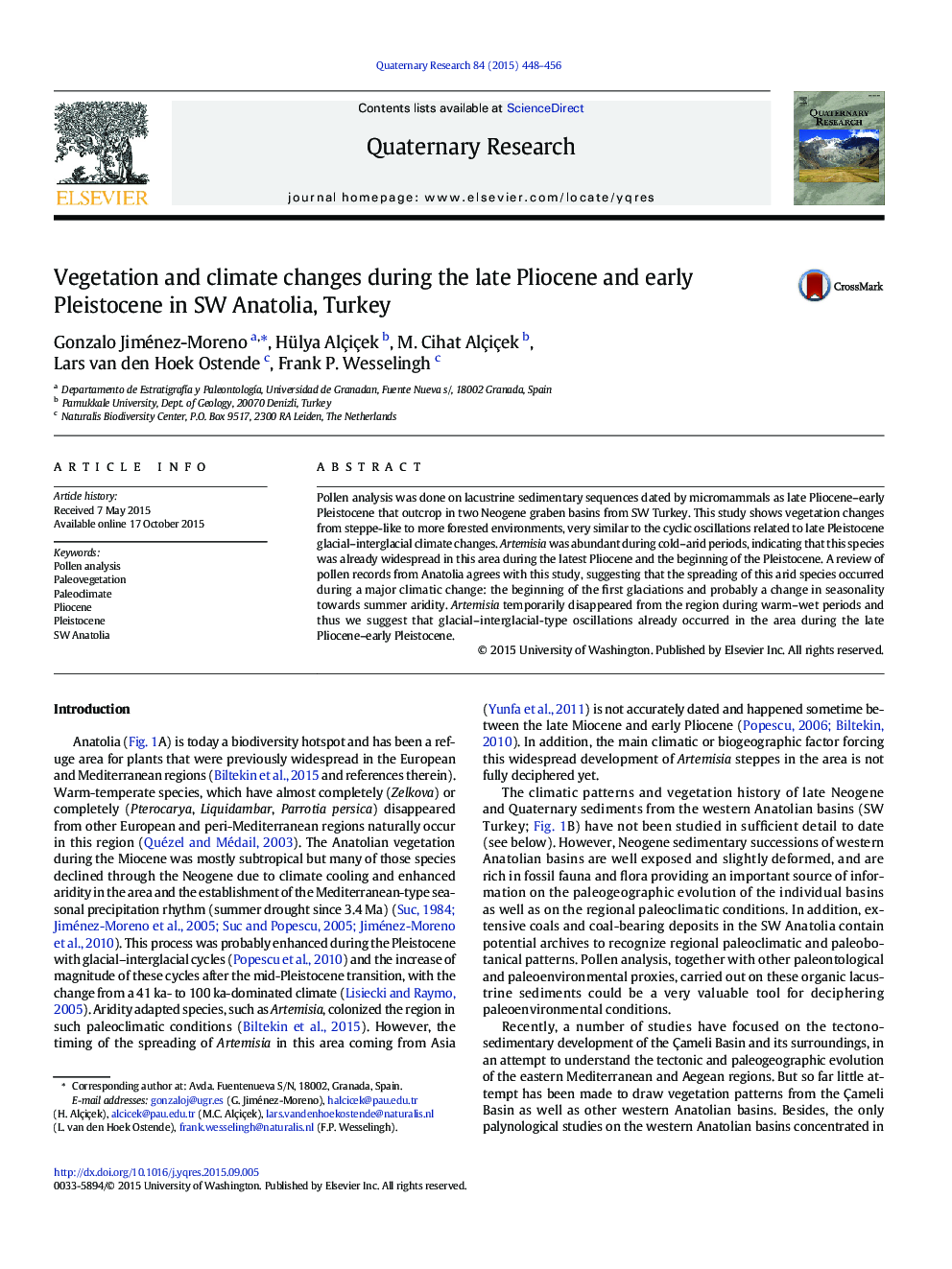 Vegetation and climate changes during the late Pliocene and early Pleistocene in SW Anatolia, Turkey