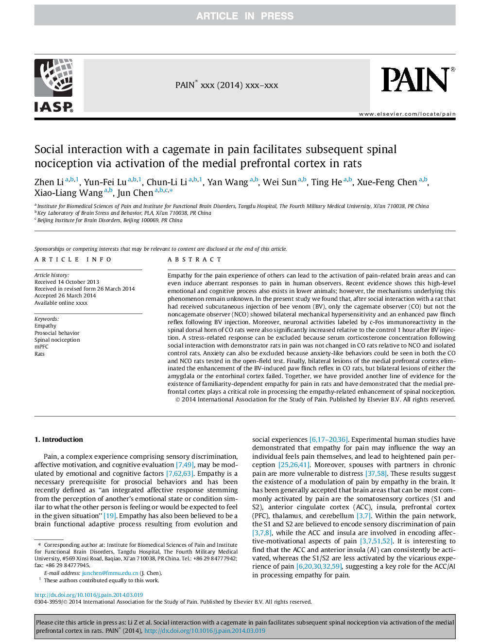 تعامل اجتماعی با یک کگمت در درد باعث تسکین ناخوشایند ناگهانی ستون فقرات از طریق فعال شدن قشر پیشانی فرسوده در موش صحرایی 