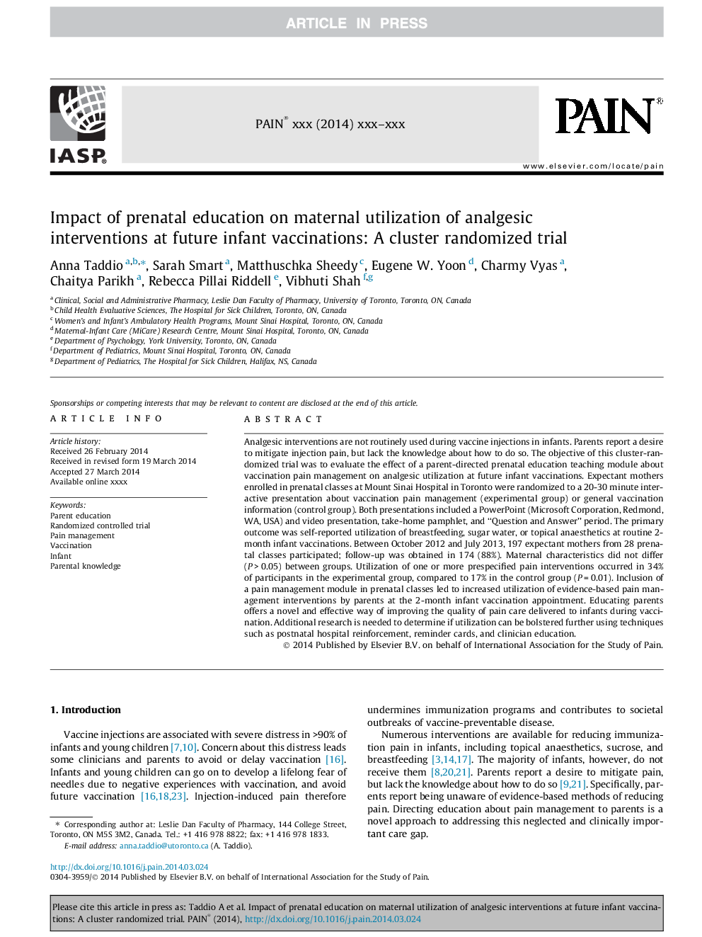 تاثیر آموزش پرستاری بر استفاده مادران از مداخلات ضد درد در واکسیناسیون نوزادان آینده: یک آزمایش تصادفی خوشه ای 