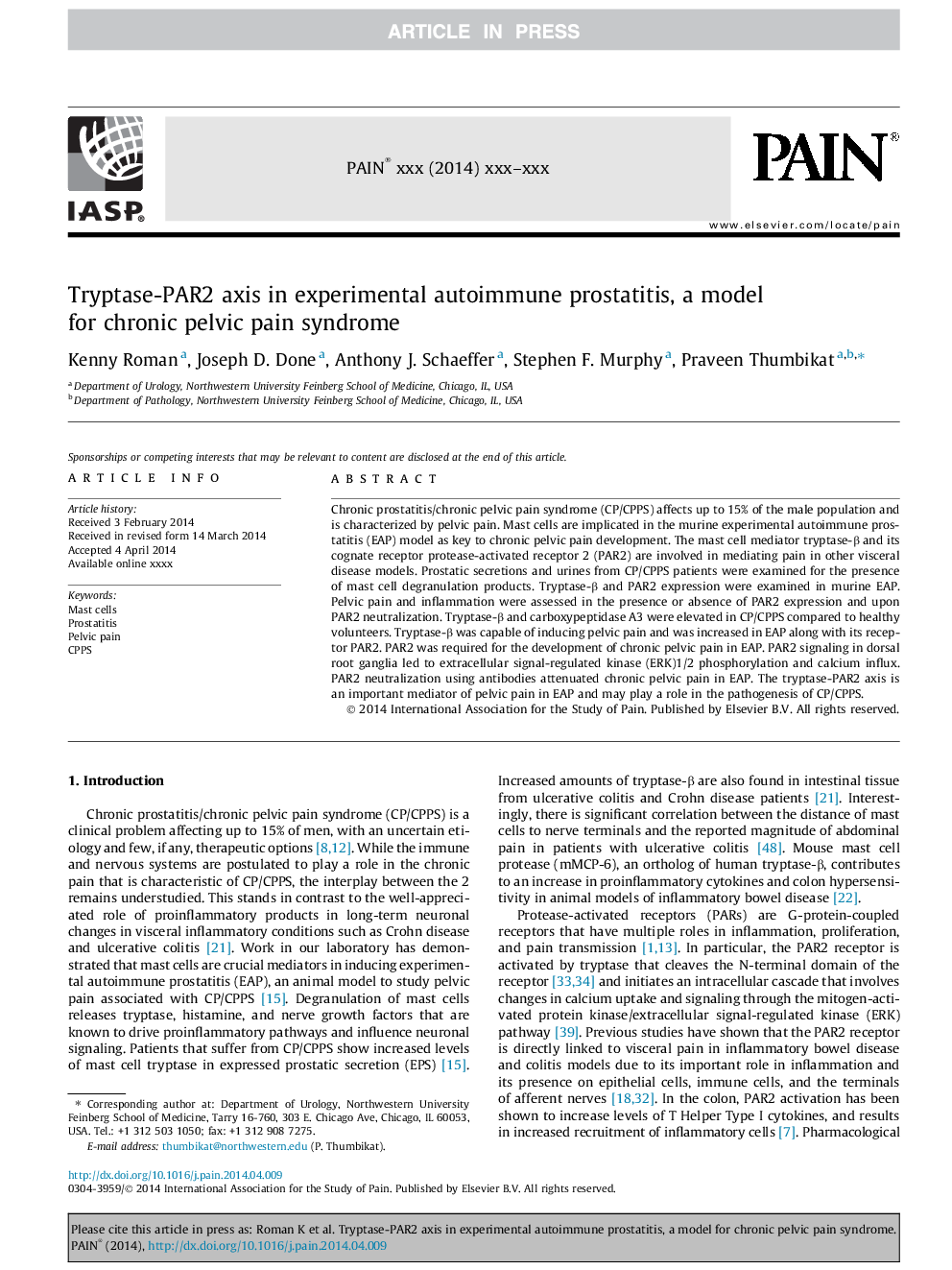 Tryptase-PAR2 axis in experimental autoimmune prostatitis, a model for chronic pelvic pain syndrome