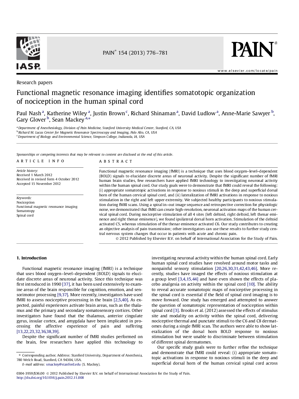 تصویربرداری رزونانس مغناطیسی عملکردی، شناسایی سازه سموتوتوبیک از عدم تشنج در نخاع انسان است 