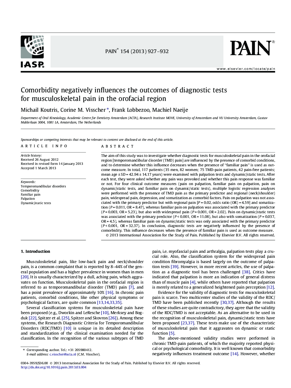 Comorbidity negatively influences the outcomes of diagnostic tests for musculoskeletal pain in the orofacial region