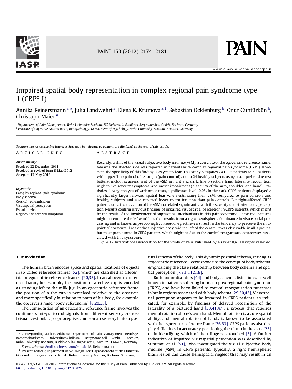 Impaired spatial body representation in complex regional pain syndrome type 1 (CRPS I)