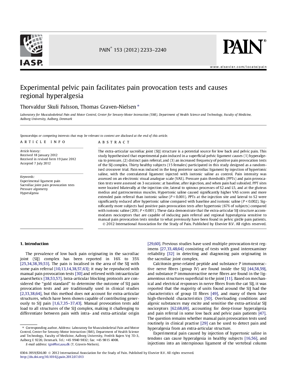 Experimental pelvic pain facilitates pain provocation tests and causes regional hyperalgesia