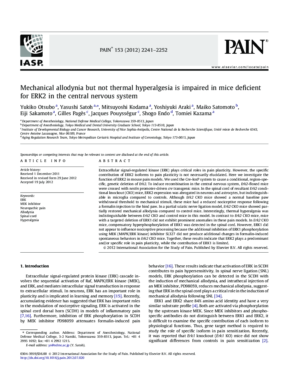 Mechanical allodynia but not thermal hyperalgesia is impaired in mice deficient for ERK2 in the central nervous system