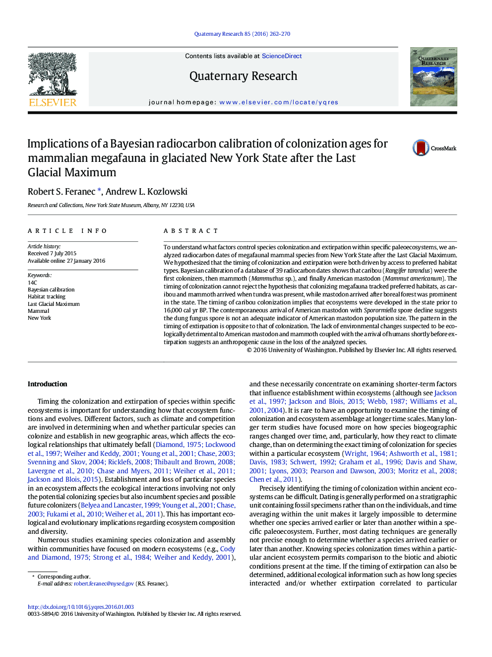 Implications of a Bayesian radiocarbon calibration of colonization ages for mammalian megafauna in glaciated New York State after the Last Glacial Maximum