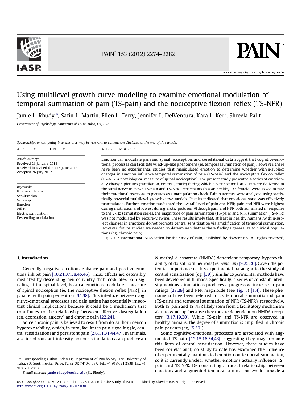 Using multilevel growth curve modeling to examine emotional modulation of temporal summation of pain (TS-pain) and the nociceptive flexion reflex (TS-NFR)