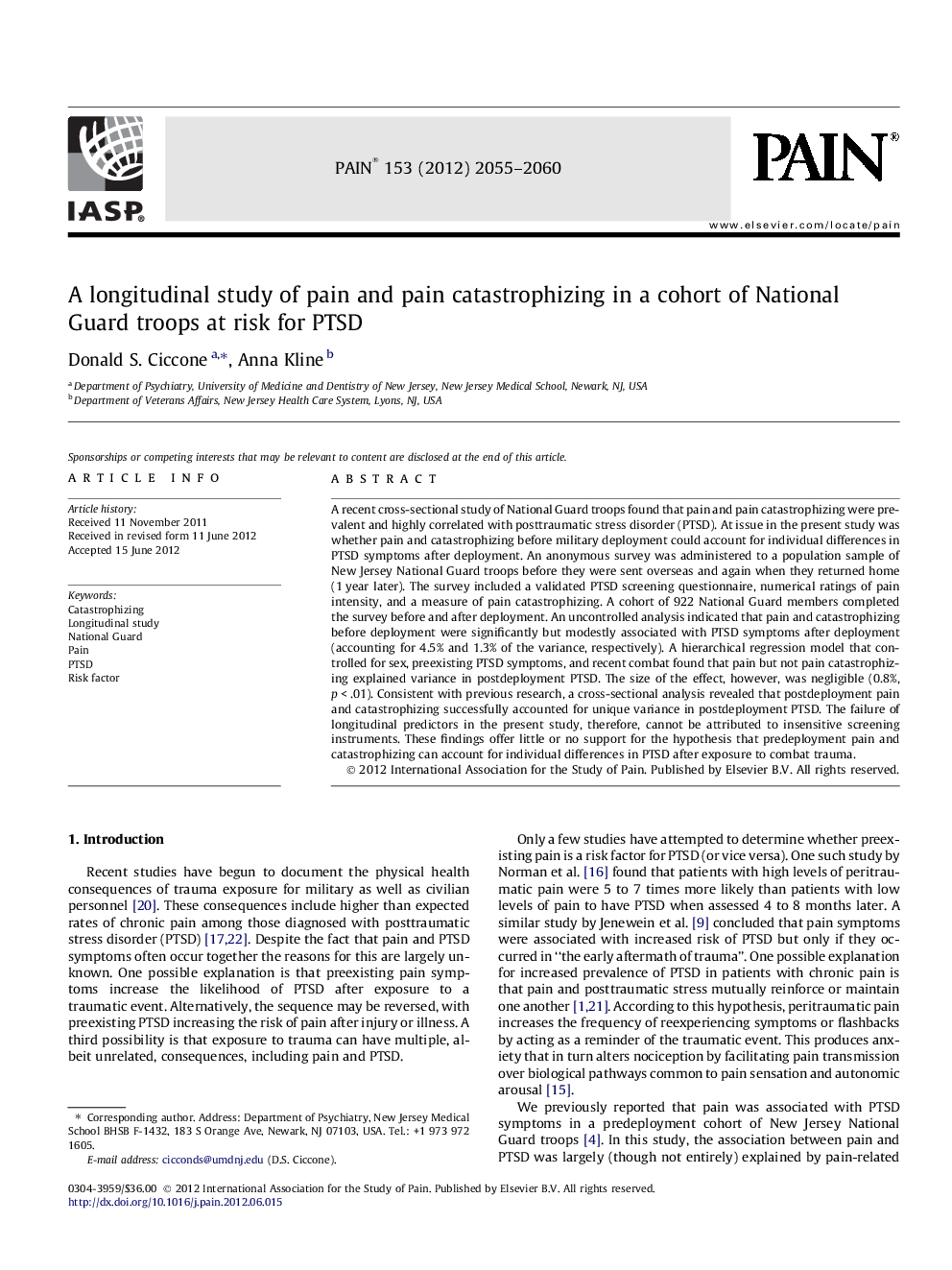 A longitudinal study of pain and pain catastrophizing in a cohort of National Guard troops at risk for PTSD