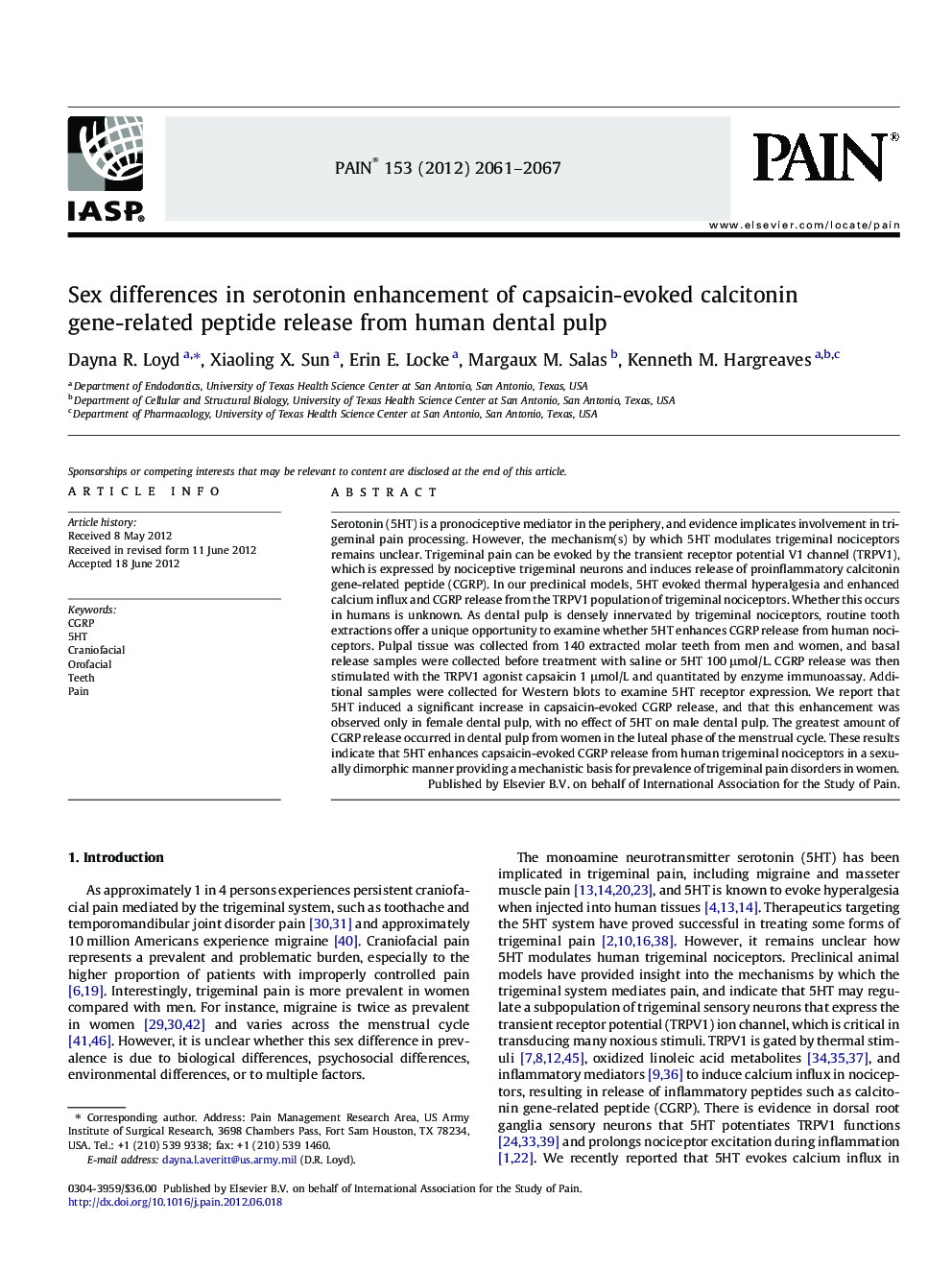 Sex differences in serotonin enhancement of capsaicin-evoked calcitonin gene-related peptide release from human dental pulp