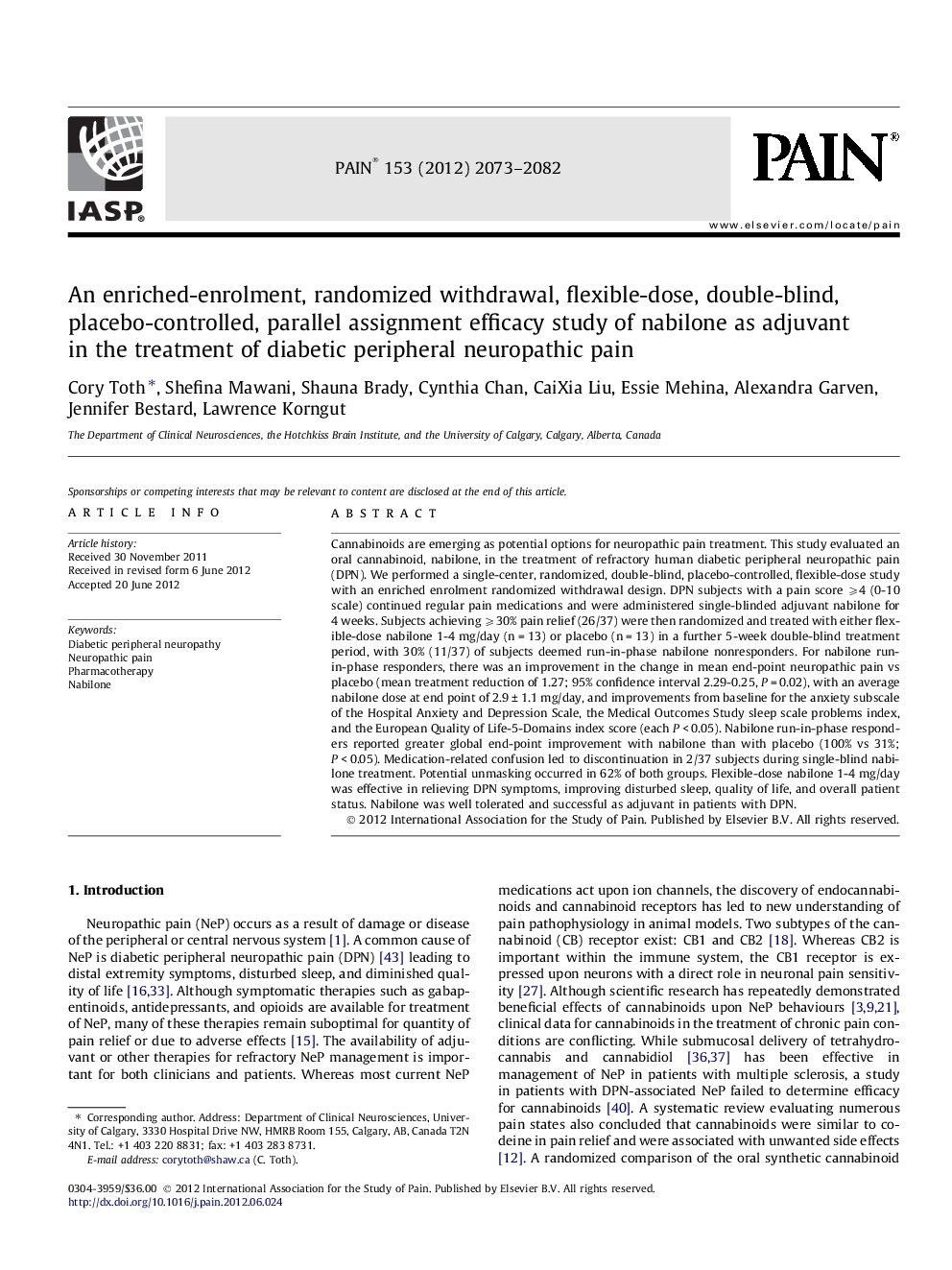 An enriched-enrolment, randomized withdrawal, flexible-dose, double-blind, placebo-controlled, parallel assignment efficacy study of nabilone as adjuvant in the treatment of diabetic peripheral neuropathic pain