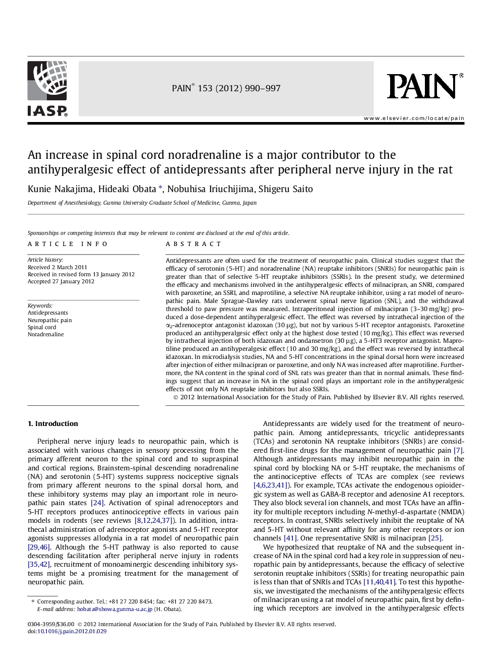 An increase in spinal cord noradrenaline is a major contributor to the antihyperalgesic effect of antidepressants after peripheral nerve injury in the rat