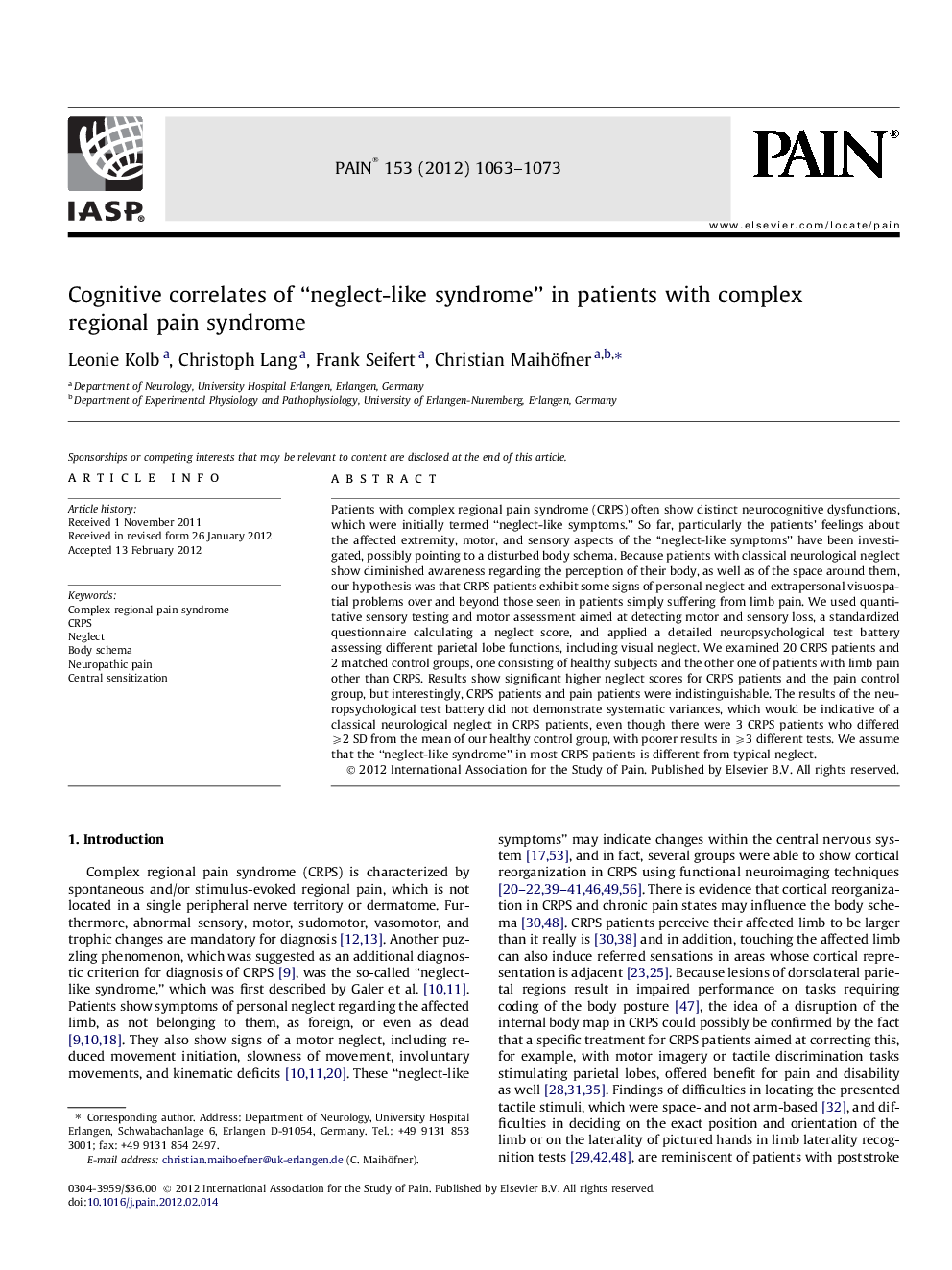 Cognitive correlates of “neglect-like syndrome” in patients with complex regional pain syndrome