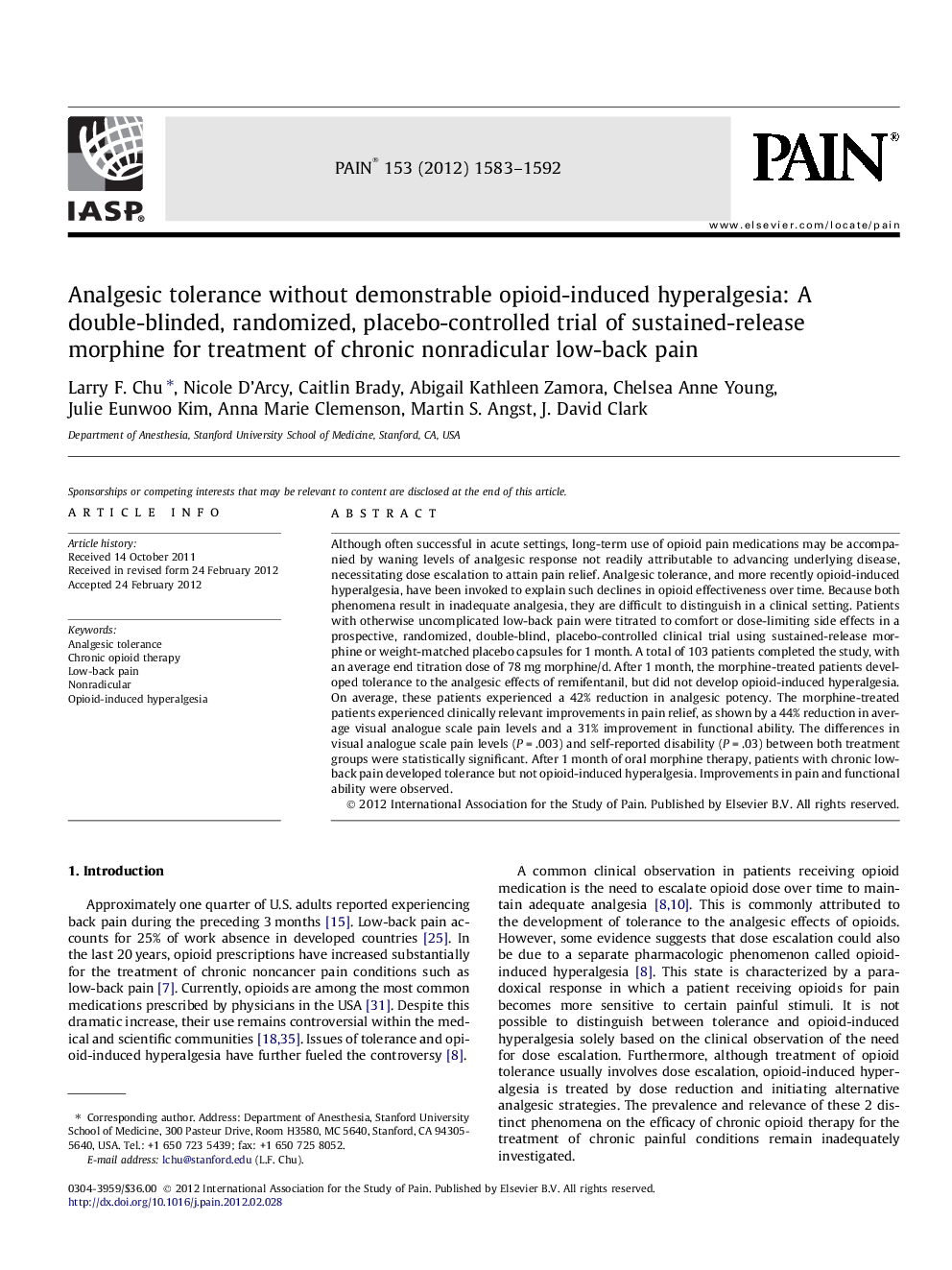 Analgesic tolerance without demonstrable opioid-induced hyperalgesia: A double-blinded, randomized, placebo-controlled trial of sustained-release morphine for treatment of chronic nonradicular low-back pain