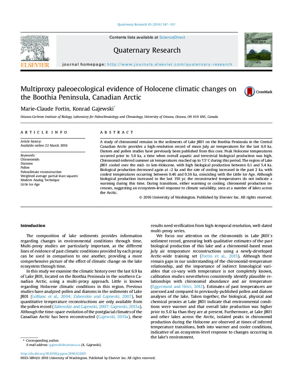شواهد چند پراکسی paleoecological از تغییرات اقلیمی هولوسن در شبه جزیره بووتیا، قطب شمال کانادا