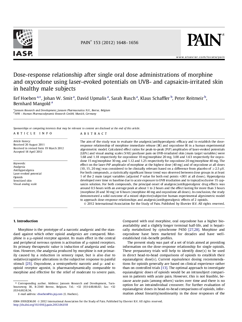 Dose-response relationship after single oral dose administrations of morphine and oxycodone using laser-evoked potentials on UVB- and capsaicin-irritated skin in healthy male subjects