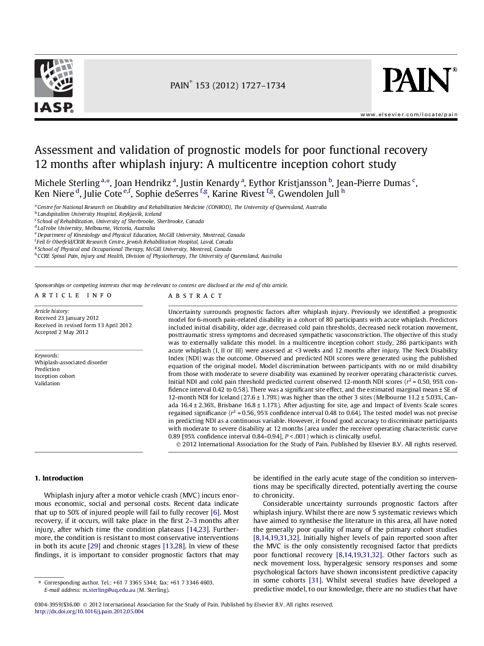 Assessment and validation of prognostic models for poor functional recovery 12Â months after whiplash injury: A multicentre inception cohort study