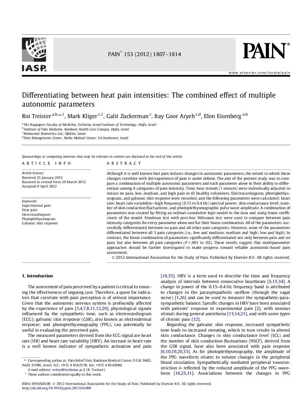 Differentiating between heat pain intensities: The combined effect of multiple autonomic parameters