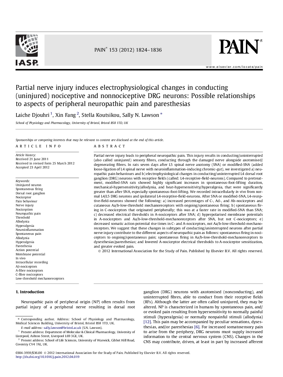 Partial nerve injury induces electrophysiological changes in conducting (uninjured) nociceptive and nonnociceptive DRG neurons: Possible relationships to aspects of peripheral neuropathic pain and paresthesias