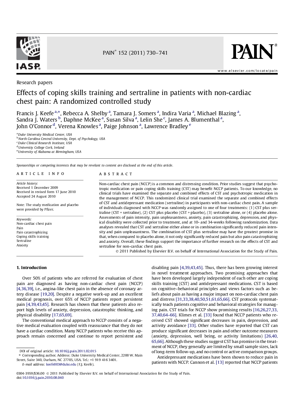 Effects of coping skills training and sertraline in patients with non-cardiac chest pain: A randomized controlled study