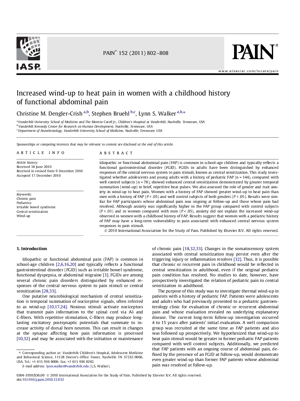 Increased wind-up to heat pain in women with a childhood history of functional abdominal pain