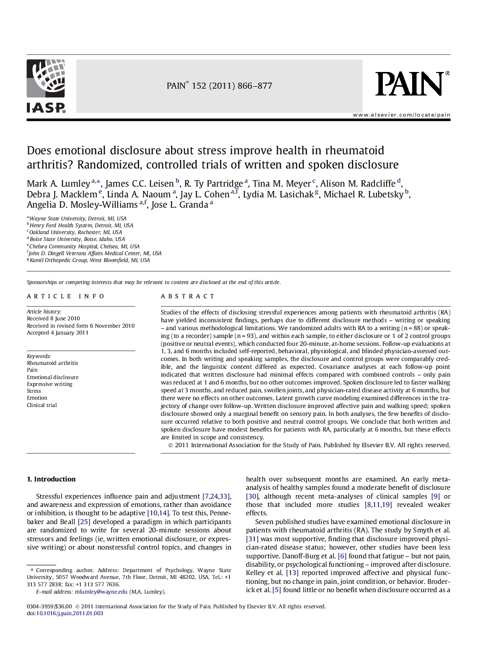 Does emotional disclosure about stress improve health in rheumatoid arthritis? Randomized, controlled trials of written and spoken disclosure