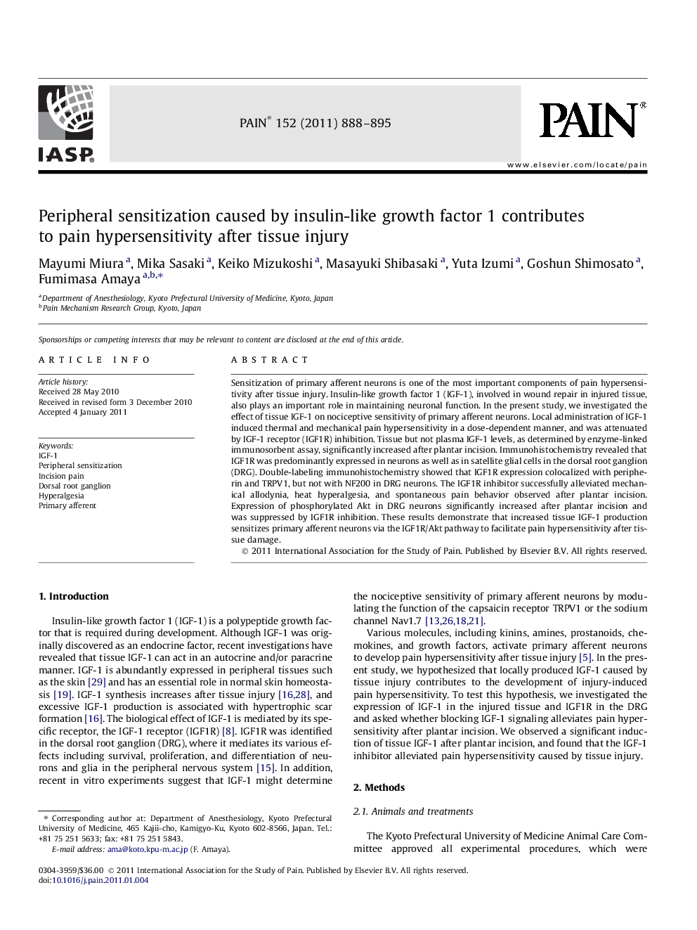 Peripheral sensitization caused by insulin-like growth factor 1 contributes to pain hypersensitivity after tissue injury