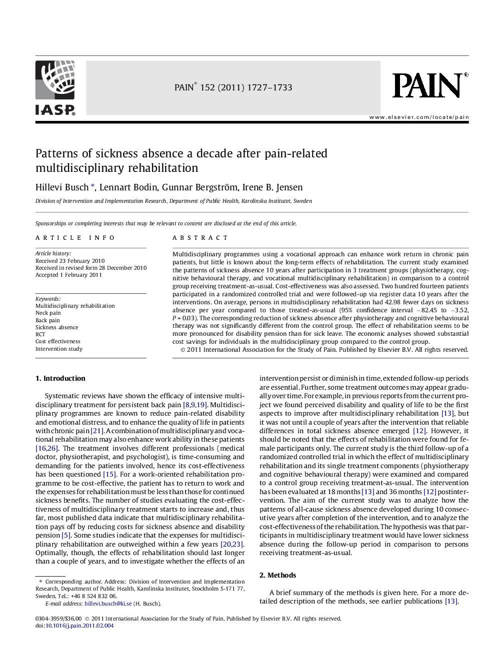 Patterns of sickness absence a decade after pain-related multidisciplinary rehabilitation