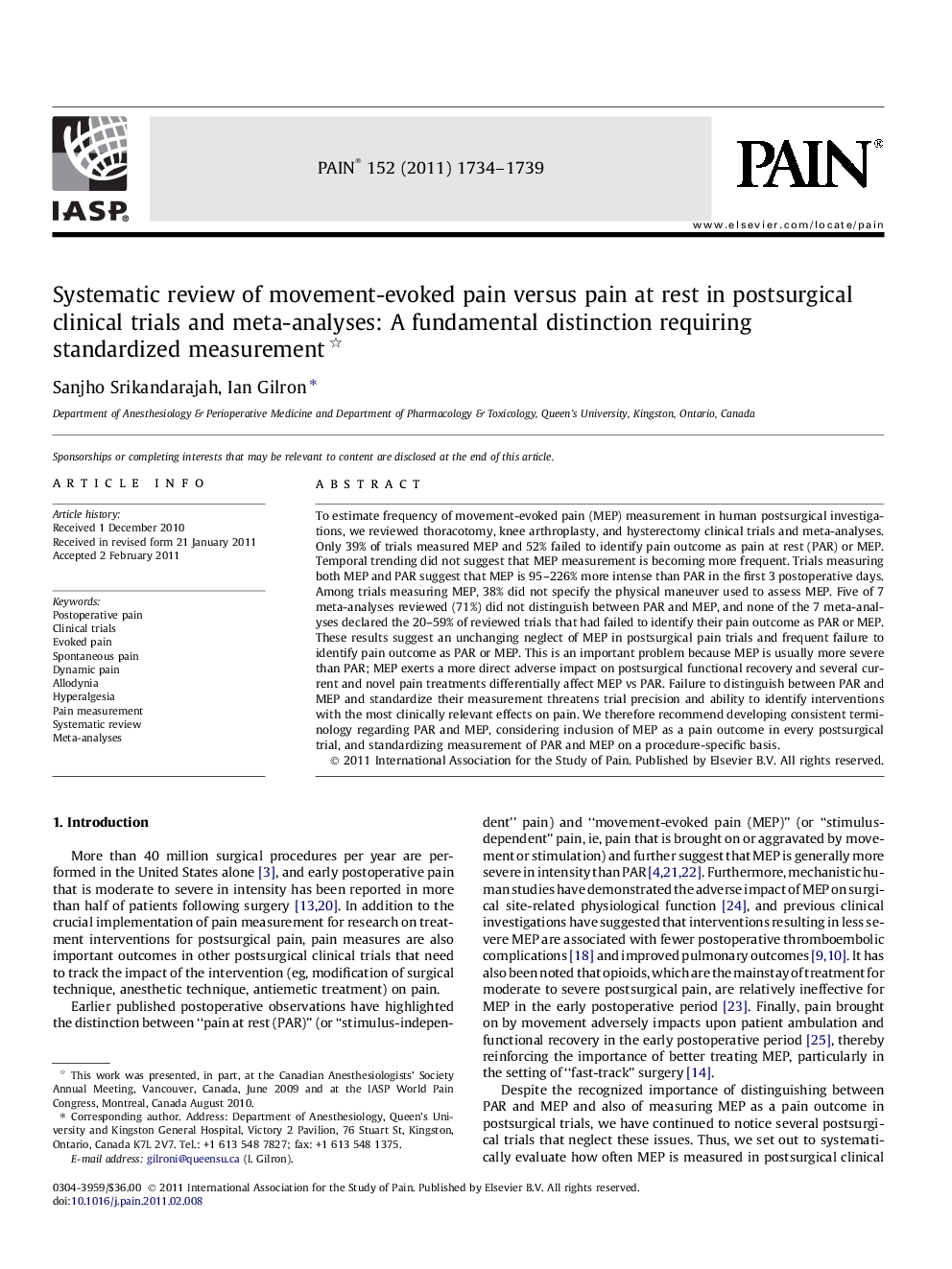 Systematic review of movement-evoked pain versus pain at rest in postsurgical clinical trials and meta-analyses: A fundamental distinction requiring standardized measurement