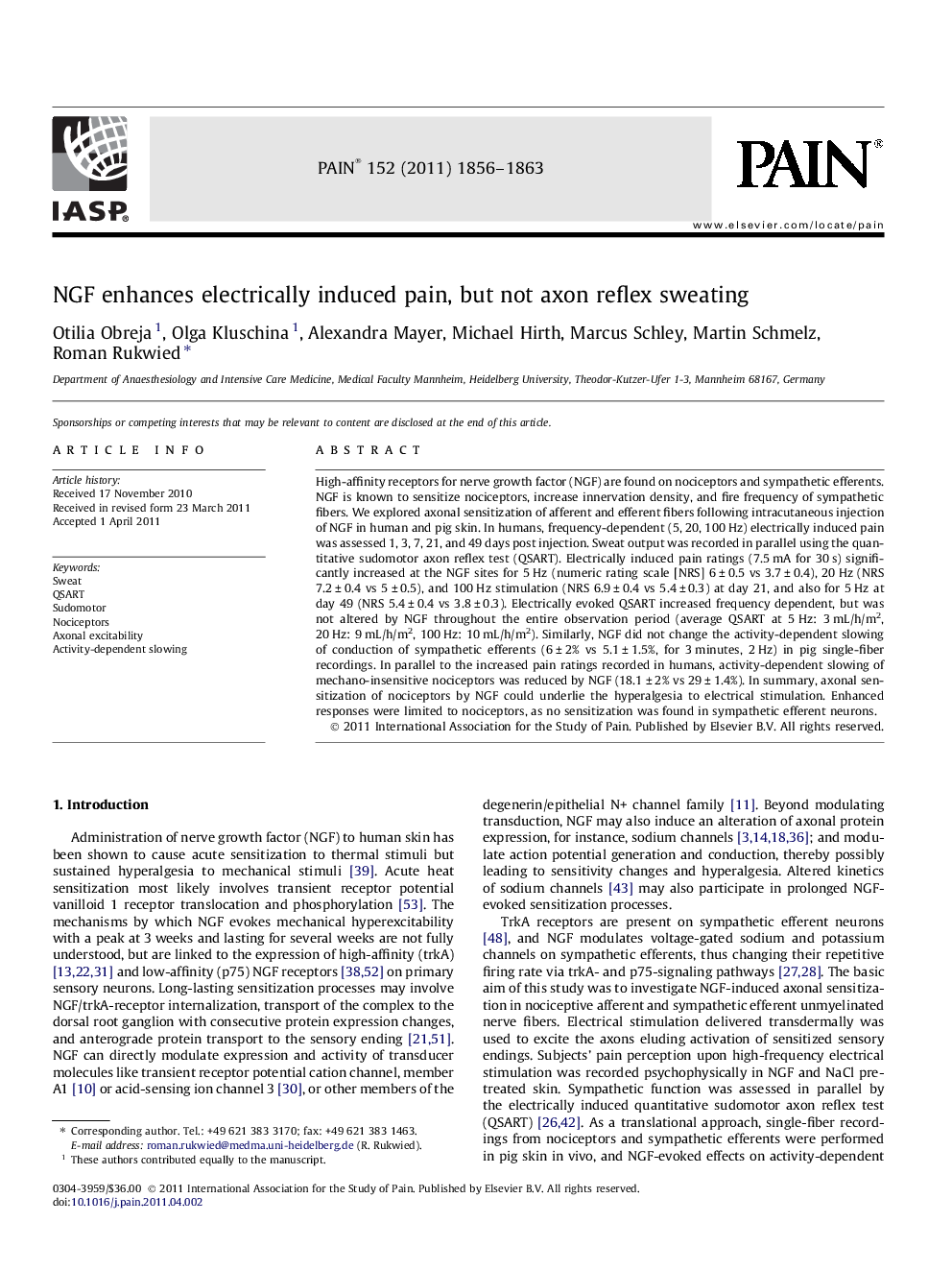 NGF enhances electrically induced pain, but not axon reflex sweating