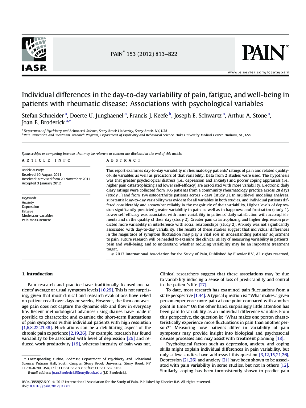 Individual differences in the day-to-day variability of pain, fatigue, and well-being in patients with rheumatic disease: Associations with psychological variables