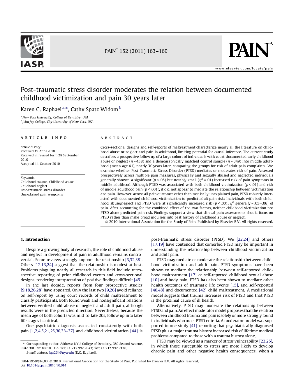 Post-traumatic stress disorder moderates the relation between documented childhood victimization and pain 30 years later