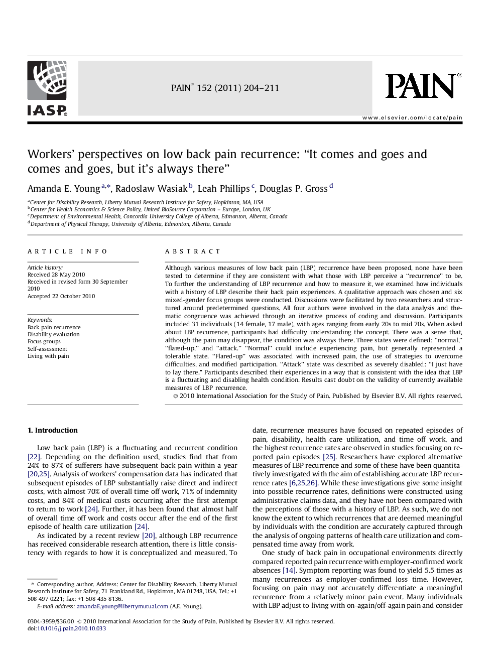 Workers' perspectives on low back pain recurrence: “It comes and goes and comes and goes, but it's always there”