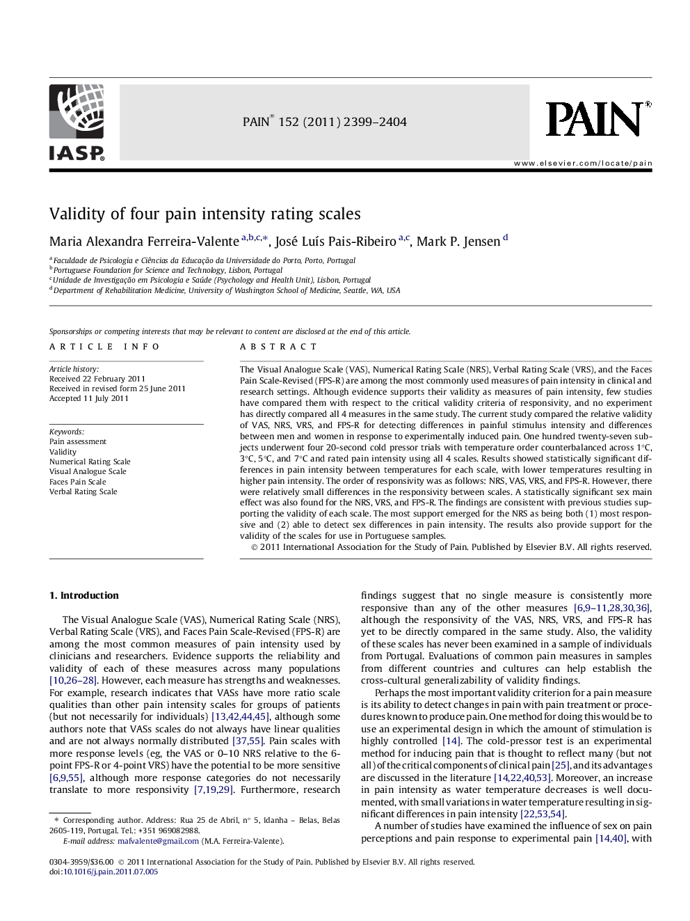 Validity of four pain intensity rating scales