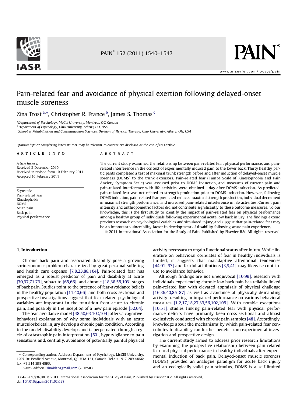 Pain-related fear and avoidance of physical exertion following delayed-onset muscle soreness