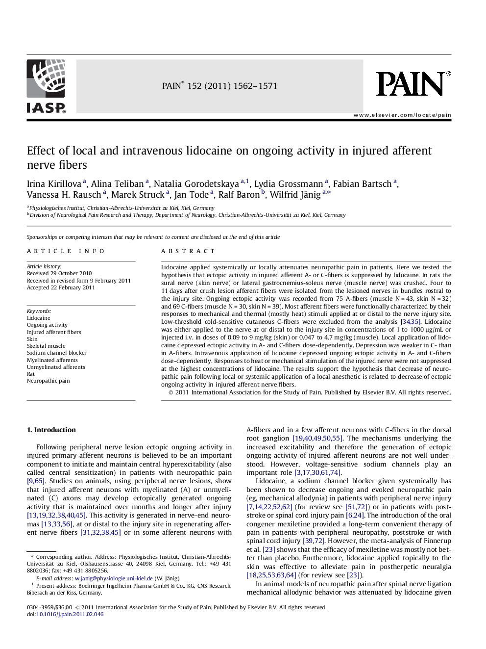 Effect of local and intravenous lidocaine on ongoing activity in injured afferent nerve fibers