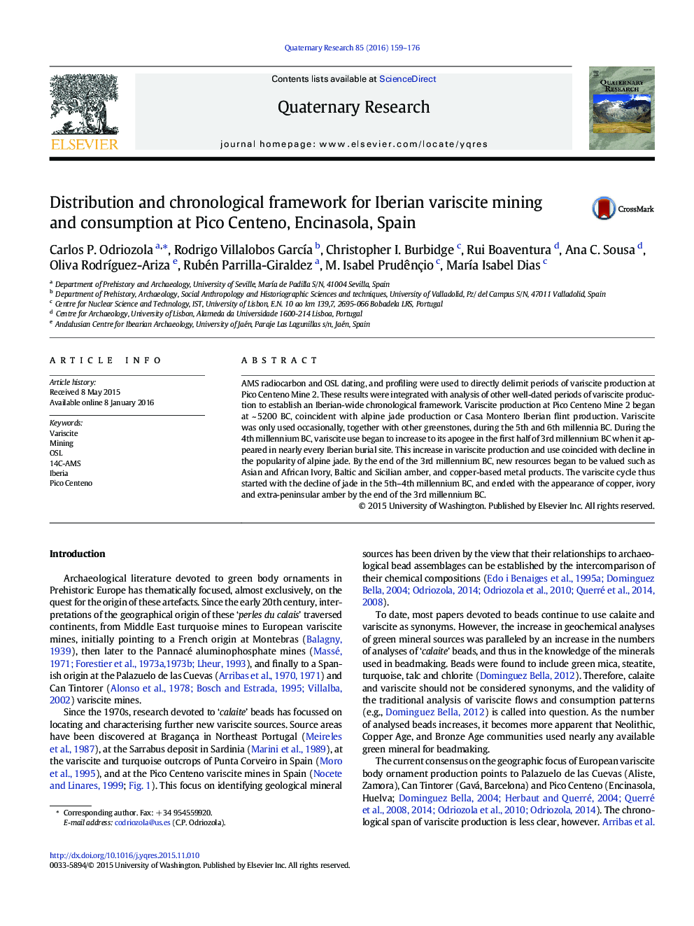 Distribution and chronological framework for Iberian variscite mining and consumption at Pico Centeno, Encinasola, Spain