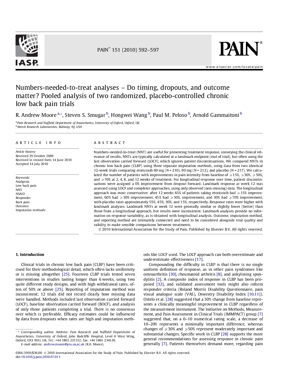 Numbers-needed-to-treat analyses - Do timing, dropouts, and outcome matter? Pooled analysis of two randomized, placebo-controlled chronic low back pain trials