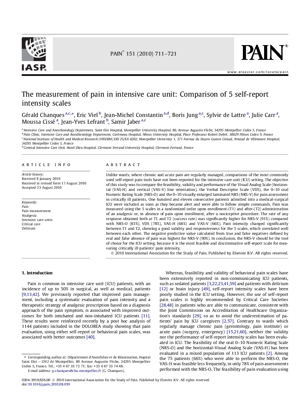 The measurement of pain in intensive care unit: Comparison of 5 self-report intensity scales