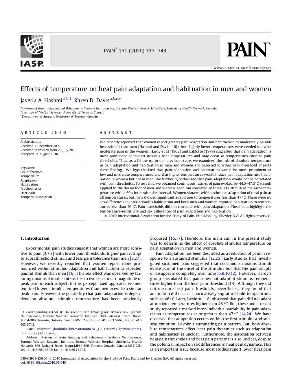 Effects of temperature on heat pain adaptation and habituation in men and women