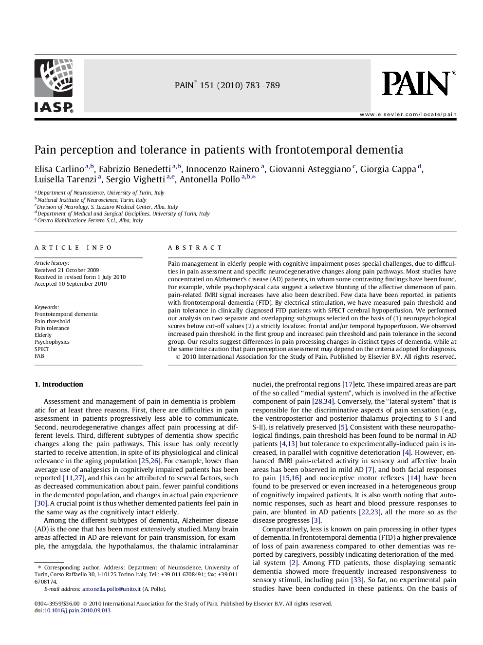 Pain perception and tolerance in patients with frontotemporal dementia