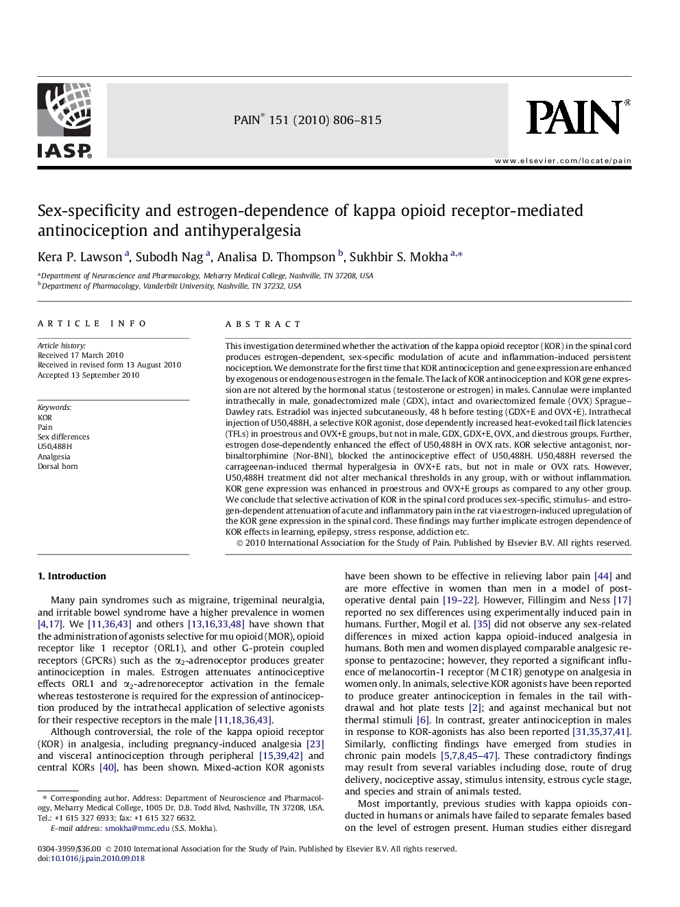 Sex-specificity and estrogen-dependence of kappa opioid receptor-mediated antinociception and antihyperalgesia