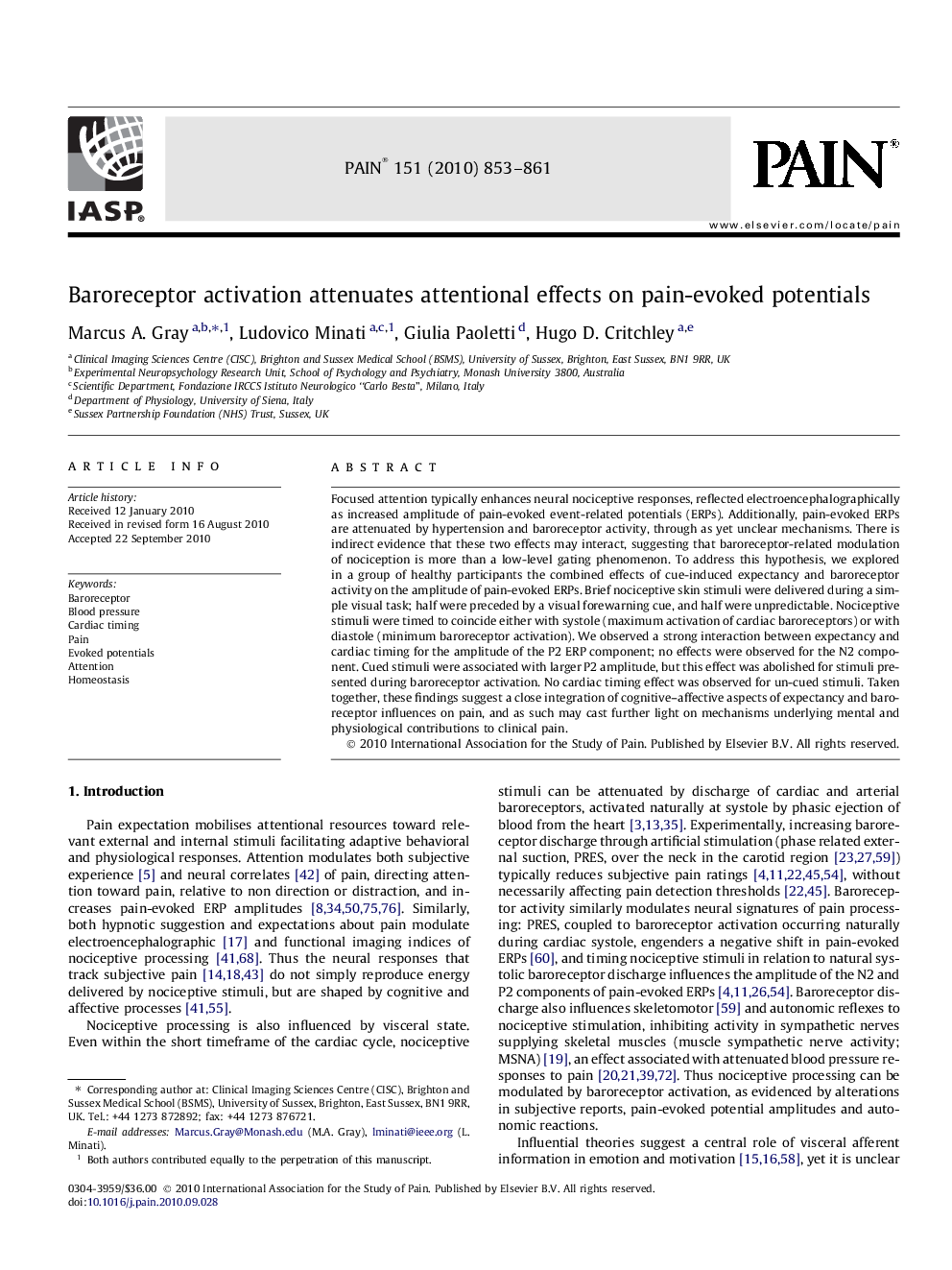 Baroreceptor activation attenuates attentional effects on pain-evoked potentials