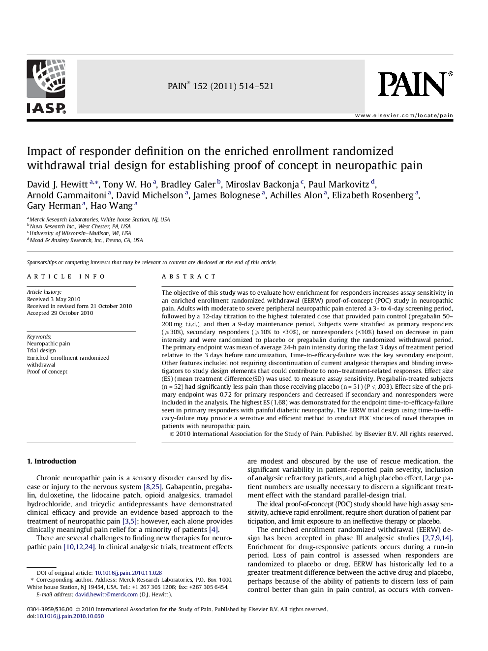 Impact of responder definition on the enriched enrollment randomized withdrawal trial design for establishing proof of concept in neuropathic pain