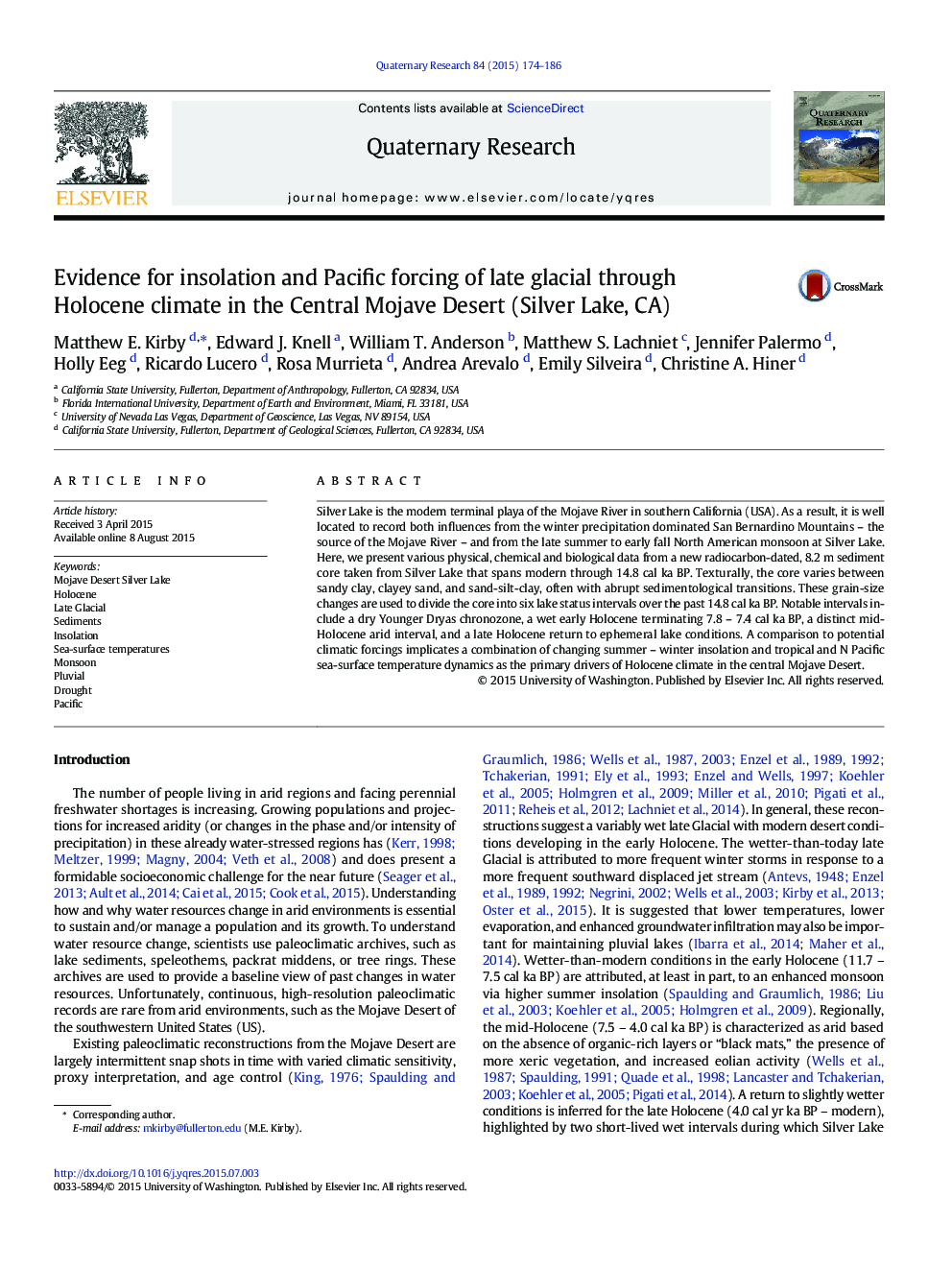 Evidence for insolation and Pacific forcing of late glacial through Holocene climate in the Central Mojave Desert (Silver Lake, CA)