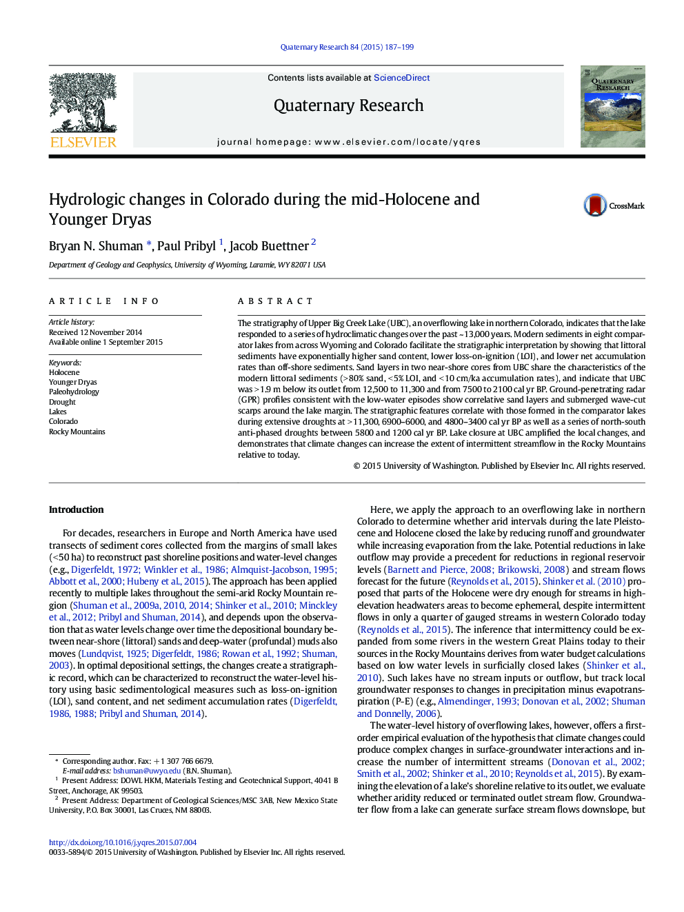 Hydrologic changes in Colorado during the mid-Holocene and Younger Dryas