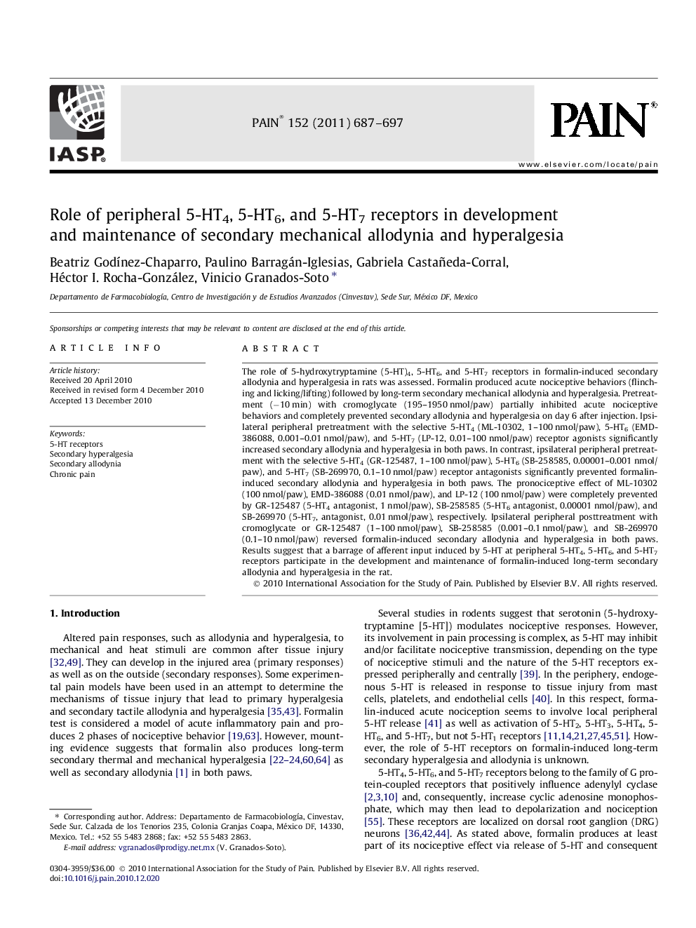 Role of peripheral 5-HT4, 5-HT6, and 5-HT7 receptors in development and maintenance of secondary mechanical allodynia and hyperalgesia