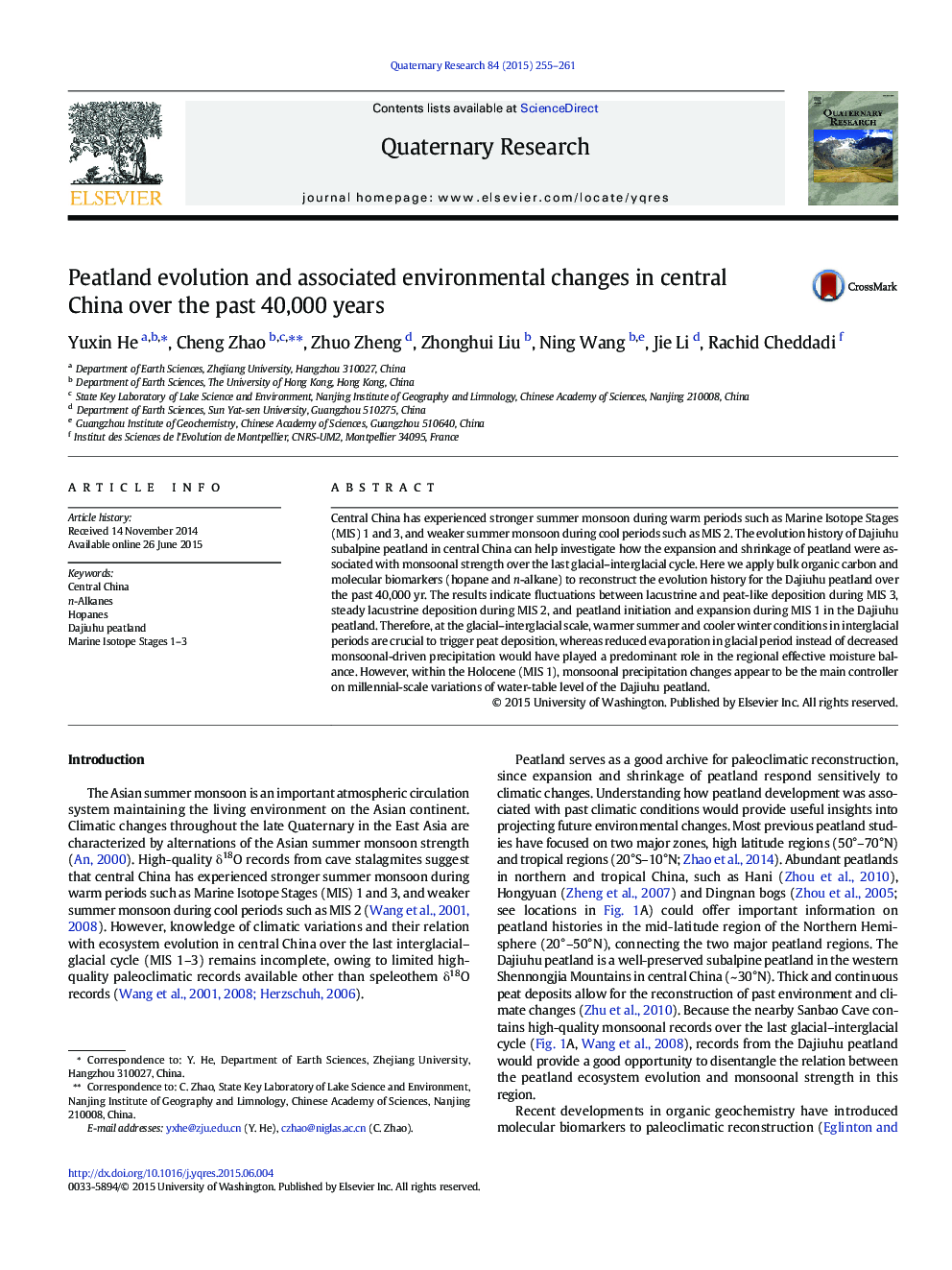 Peatland evolution and associated environmental changes in central China over the past 40,000 years