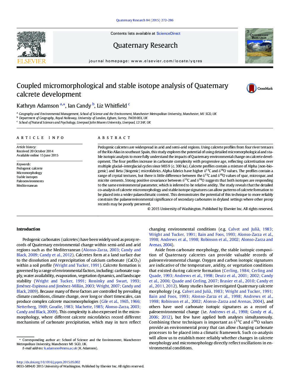 تجزیه و تحلیل ایزوتوپ های میکرومورفولوژیک و پایدار همراه با توسعه کالکرت کواترنر 